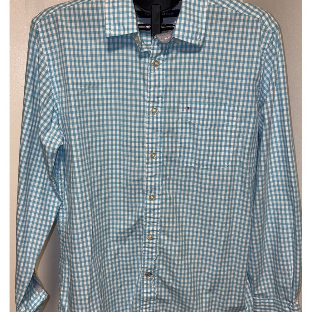 Tommy Hilfiger Shirt Mens Medium Fit Large LightBlue Plaid Long Sleeve Button Up